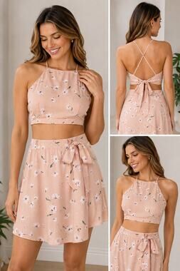 PPLA Sophina Blush Pink Floral Daisy Halter Crop Top Tie Back Size Large NWT